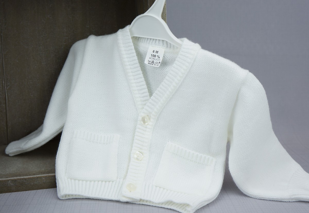 Gilet cérémonie bébé garçon blanc 100% acrylique, fabriqué au Portugal